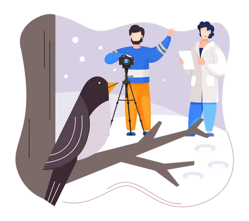 Observation Of Animals In Wild Ecologists Scientists Conduct Research Take Care Of Fowl And Nature Researcher Study Flora Fauna And Environment Professional Ecological Activist Photographing Bird Illustration