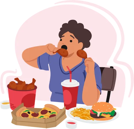 Character With An Obsessive Eating Disorder Struggles With Her Addiction Using Food As A Coping Mechanism For Her Emotional Pain Woman Greedily Eating Fast Food Cartoon People Vector Illustration Illustration