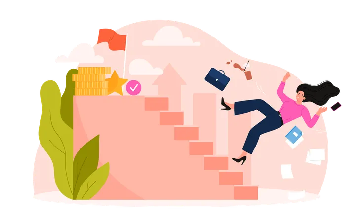 Obstacle And Problem In Career Of Businesswoman Unhappy Woman Climbing Stairs To Flag Achievement Money Reward And Recognition Disappointed Business Lady Falling Cartoon Vector Illustration Illustration