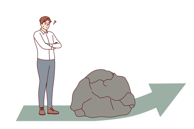 Obstacle to development for business man standing near giant stone that fell on arrow in front  Illustration