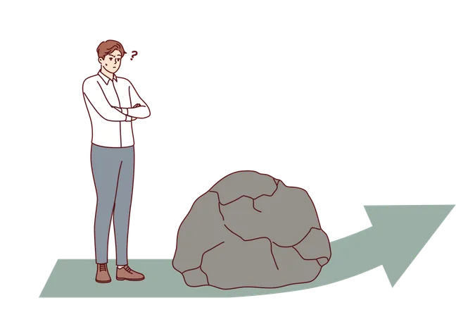 Obstacle to development for business man standing near giant stone that fell on arrow in front  Illustration