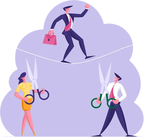 Business Man Trying To Cross An Obstacle In Balance On Rope While His Opponents Businessman And Businesswoman Cut It With Scissors Want Him To Fall Down Business Risk Cartoon Flat Vector Illustration 일러스트레이션
