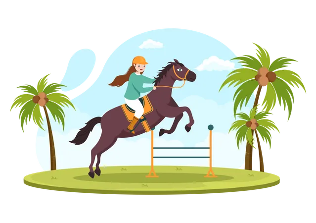Ilustracao De Desenho Animado De Equitacao Com Personagem De Pessoas Fofas Praticando Passeios A Cavalo Ou Esportes Equestres No Campo Verde Ilustração