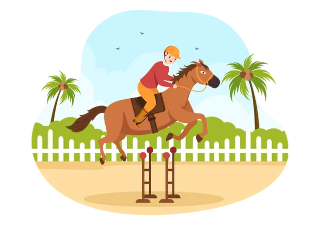 Ilustracao De Desenho Animado De Corrida De Cavalos Com Personagens Pessoas Fazendo Campeonatos Esportivos De Competicao Ou Esportes Equestres Em Hipodromo Ilustração