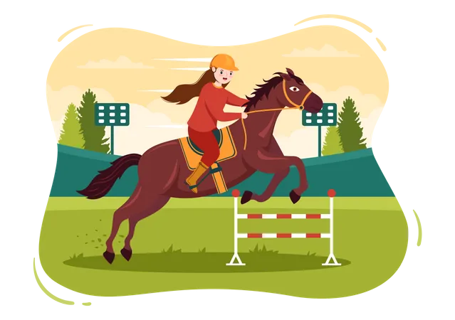 Competicao De Corrida De Cavalos Em Um Hipodromo Com Esporte De Desempenho Equestre E Cavaleiro Ou Joqueis Em Ilustracao De Modelos Desenhados A Mao De Desenhos Animados Planos Ilustração