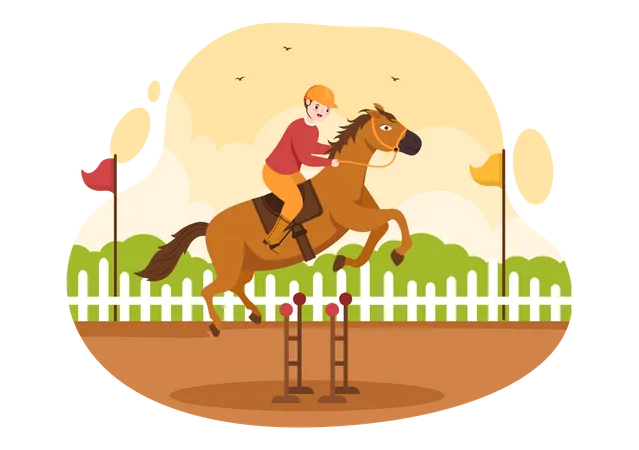 Competicao De Corrida De Cavalos Em Um Hipodromo Com Esporte De Desempenho Equestre E Cavaleiro Ou Joqueis Em Ilustracao De Modelos Desenhados A Mao De Desenhos Animados Planos Ilustração