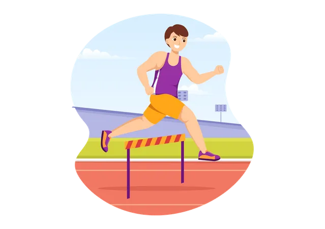 Atleta Run Hurdle Long Jump Sportsman Game Ilustracao Em Corrida De Obstaculos Para Banner Da Web Ou Pagina De Destino Em Modelos Desenhados A Mao De Desenhos Animados Planos Ilustração