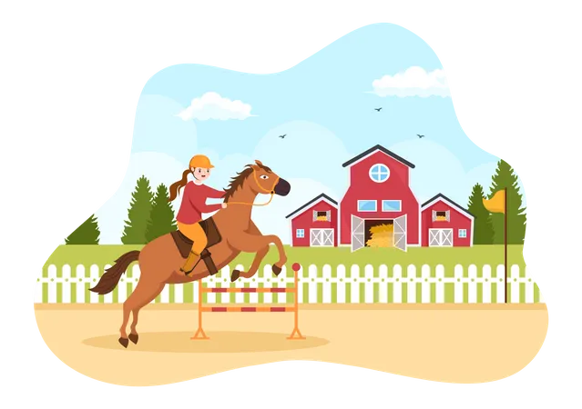 Ilustracao De Desenho Animado De Corrida De Cavalos Com Personagens Pessoas Fazendo Campeonatos Esportivos De Competicao Ou Esportes Equestres Em Hipodromo Ilustração