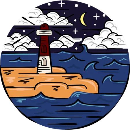 Nuit étoilée sur l'océan avec phare  Illustration