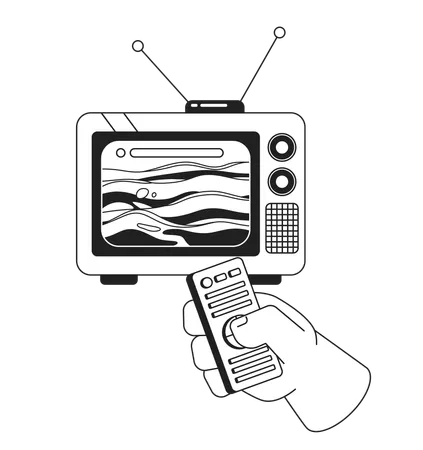 Ocean Waves On Retro Tv Screen Black And White 2 D Illustration Concept Changing Channel Isolated Cartoon Outline Character Hand Surreal Dreamy Seascape Television Metaphor Monochrome Vector Art Illustration