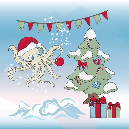 OCTOPUS CHRISTMAS TREE Underwater Sea Merry Christmas And New Year Vector Illustration Set For Print Fabric And Decoration Illustration