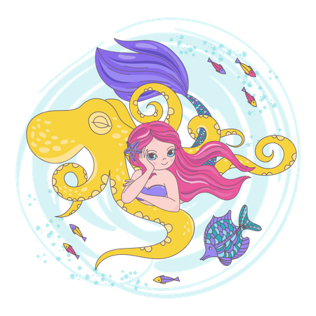 OCTOPUS FRIEND Mermaid Cartoon Travel  Illustration