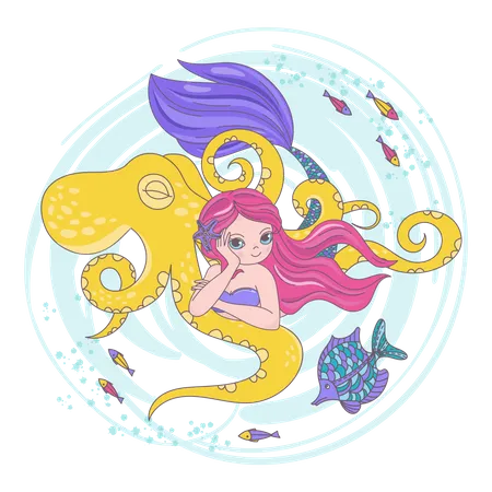 OCTOPUS FRIEND Mermaid Cartoon Underwater Sea Ocean Cruise Travel Tropical Vector Illustration Set For Print Fabric And Decoration Illustration
