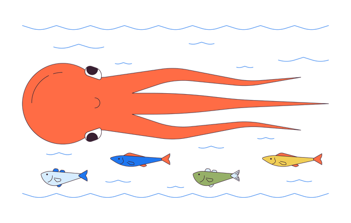 Octopus swimming with fish school s  Illustration