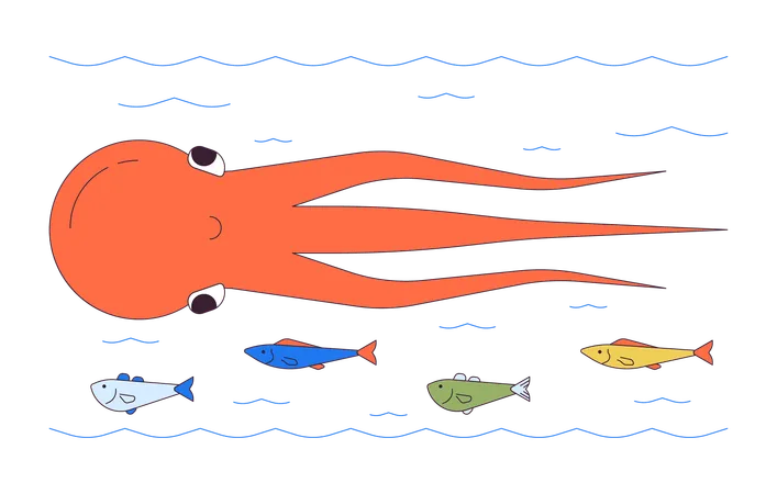Octopus swimming with fish school s  일러스트레이션