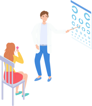 Oculist points to eye at table for visual examination of woman on chair  Illustration