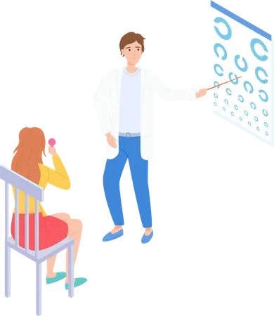 Oculist points to eye at table for visual examination of woman on chair  Illustration