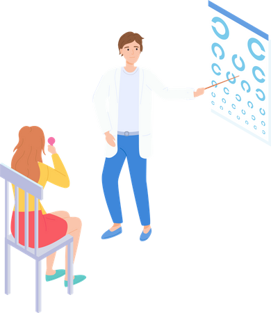 Oculist points to eye at table for visual examination of woman on chair  イラスト