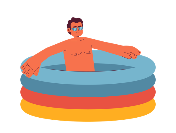 Homem hispânico de óculos de sol na piscina inflável  Ilustração