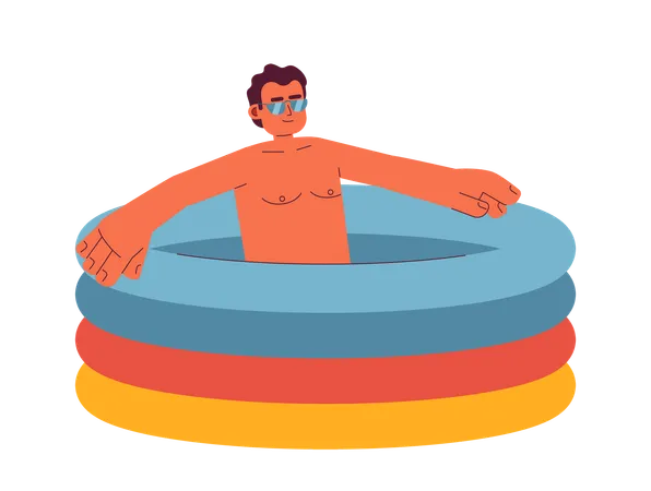 Homem hispânico de óculos de sol na piscina inflável  Ilustração