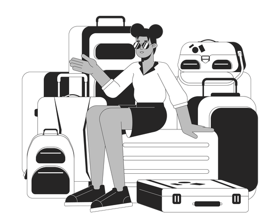 Mulher legal de óculos de sol sentada em sacos de bagagem  Ilustração