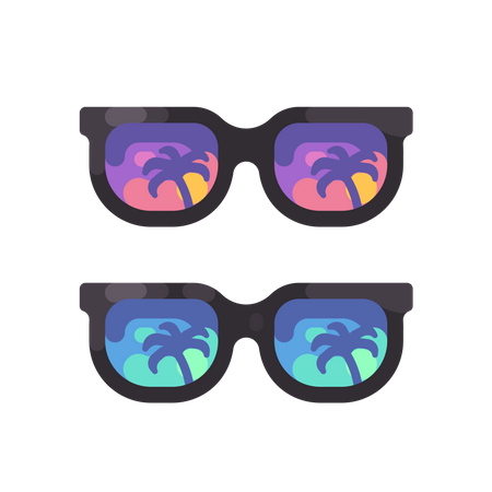 Óculos de sol roxos e azuis com reflexo de palmeiras  Ilustração