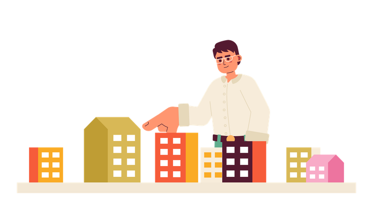 Homem de óculos apontando unidade de prédio de apartamentos  Ilustração