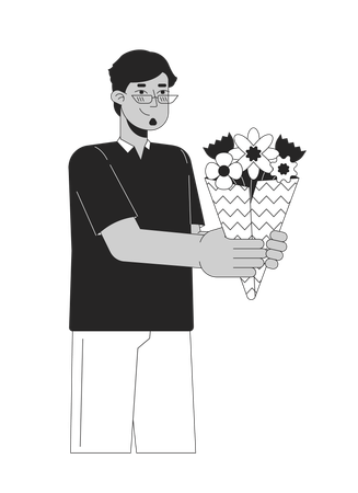 Homem árabe de óculos presenteando buquê de flores  Ilustração