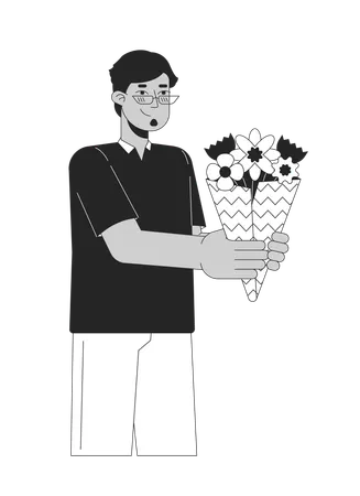 Homem árabe de óculos presenteando buquê de flores  Ilustração
