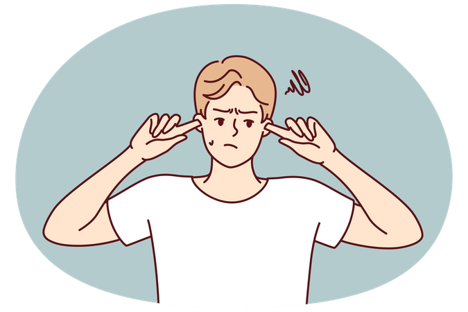 Offended guy closes ears does not want to hear toxic words  Illustration
