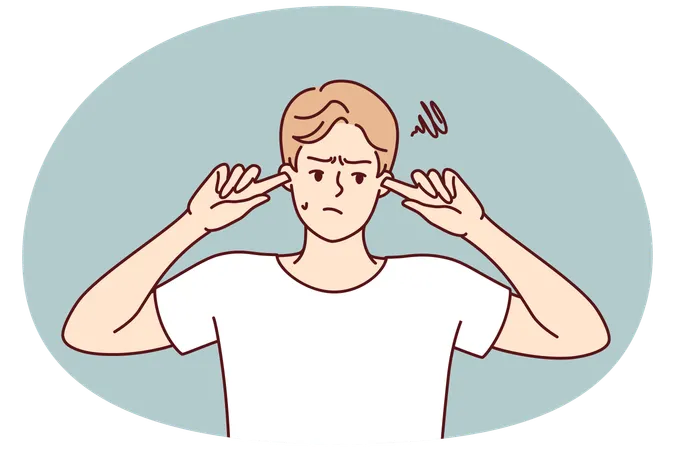 Offended guy closes ears does not want to hear toxic words  Illustration