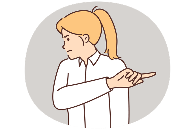 Offended woman turning away and pointing finger aside after insults or toxic remarks at work  Illustration