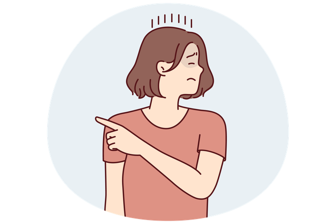 Offended woman turns away and closing eyes points finger to side after quarrel  Illustration