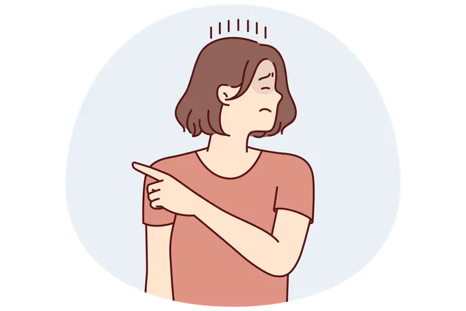 Offended woman turns away and closing eyes points finger to side after quarrel  Illustration
