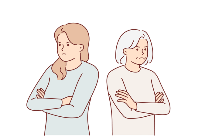 Offended women of different ages stand with arms crossed and look to side after quarrel  Illustration
