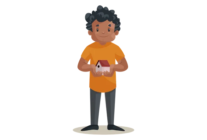 Office boy holding House toy as home loan concept Illustration