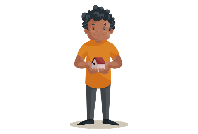 Office boy holding House toy as home loan concept  Illustration