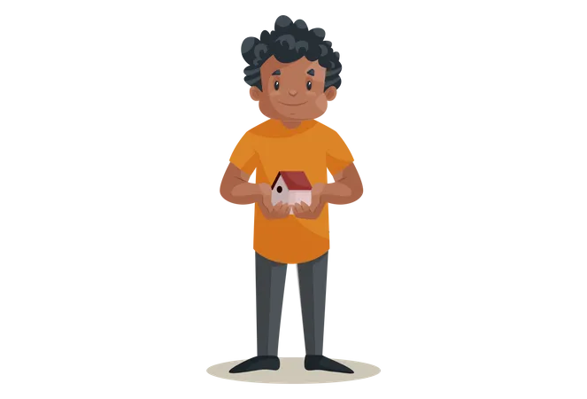 Office boy holding House toy as home loan concept  Illustration