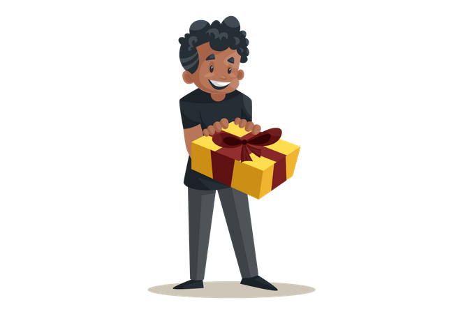 Office boy is holding a gift box in his hands Illustration