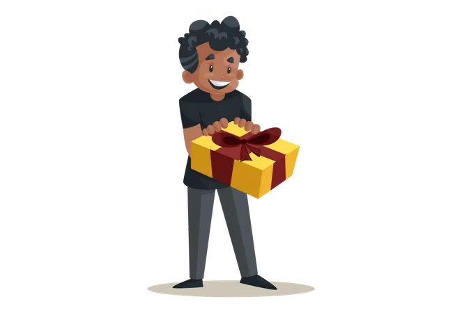 Office boy is holding a gift box in his hands  Illustration