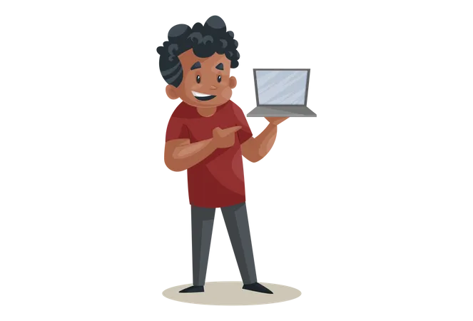 Office boy is holding a laptop in hand Illustration