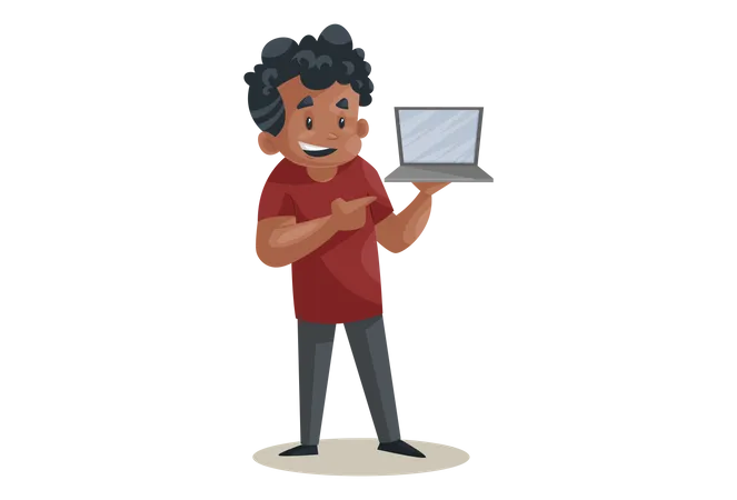 Office boy is holding a laptop in hand  Illustration