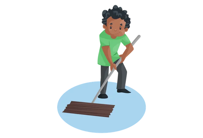 Office boy is holding wiper and cleaning the floor Illustration