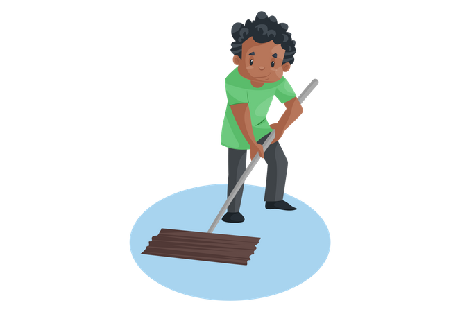 Office boy is holding wiper and cleaning the floor  Illustration