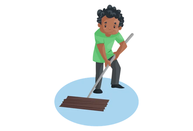 Office boy is holding wiper and cleaning the floor  Illustration