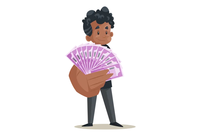 Office boy is showing money in hand Illustration