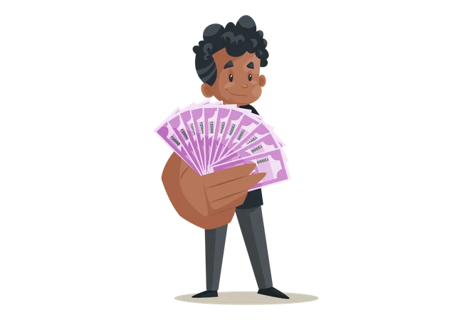 Office boy is showing money in hand  Illustration