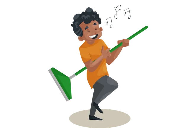 Office boy is singing song and holding wiper in hand as guitar Illustration