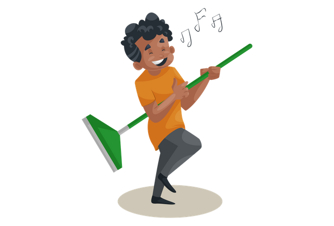 Office boy is singing song and holding wiper in hand as guitar  Illustration