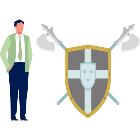 Office boy standing near security shield  Illustration